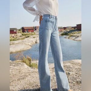 Loft Side Studded Patch Pocket High Rise Relaxed Flare Jeans